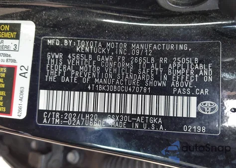 2012 Toyota Avalon from USA, damaged, VIN 4T1BK3DB0CU470781